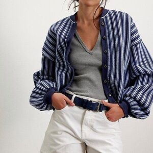 EUC size Large We The Free Blue Striped Maine Cardigan